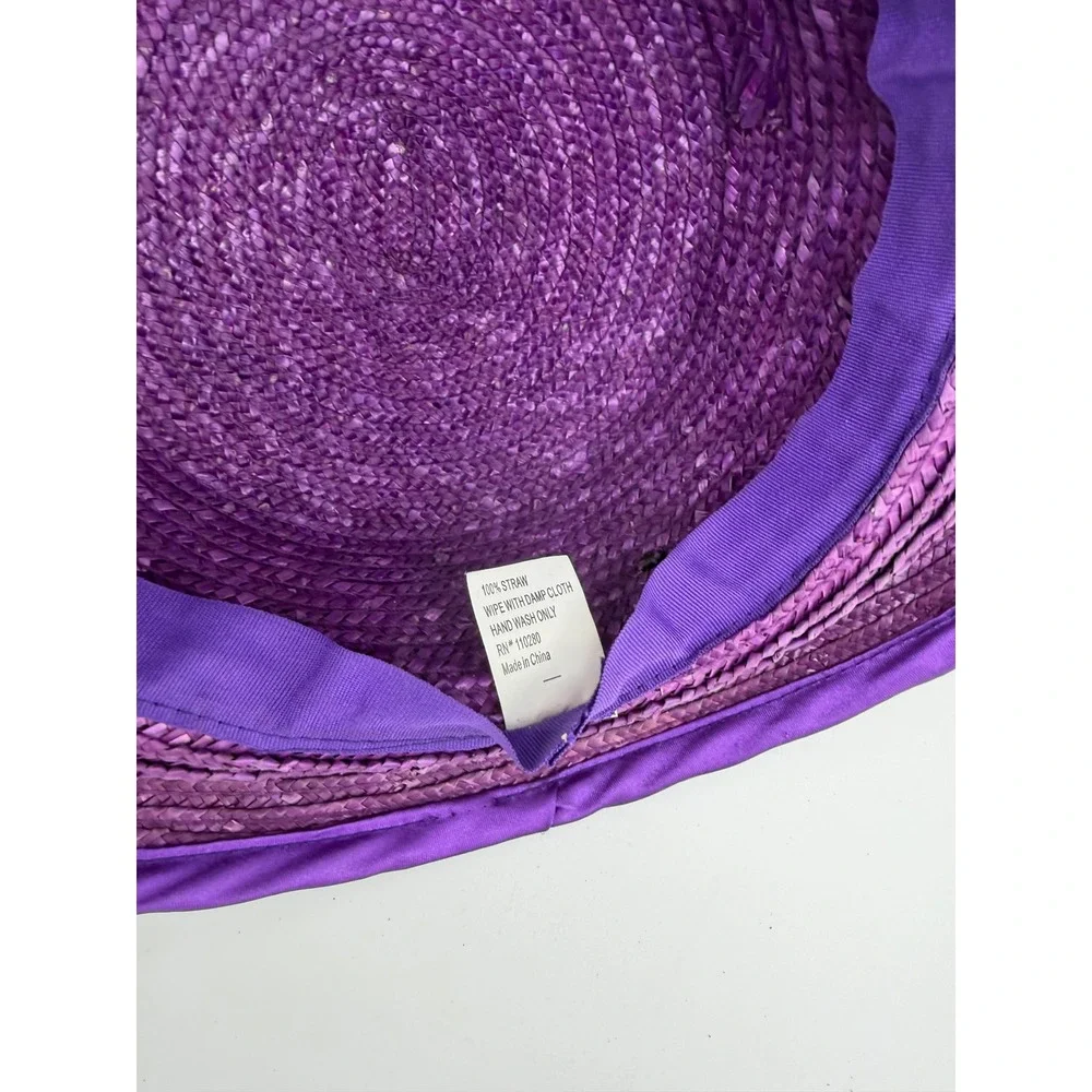 Vintage Purple Straw Cloche Hat Satin Bow Tulle Flower‎ Tea Party Church Wedding